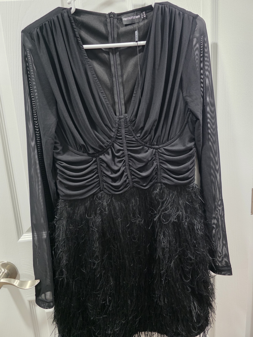 PrettyLittleThing Black Long-Sleeve Feather Hem Mini Dress with Ruched Bodice